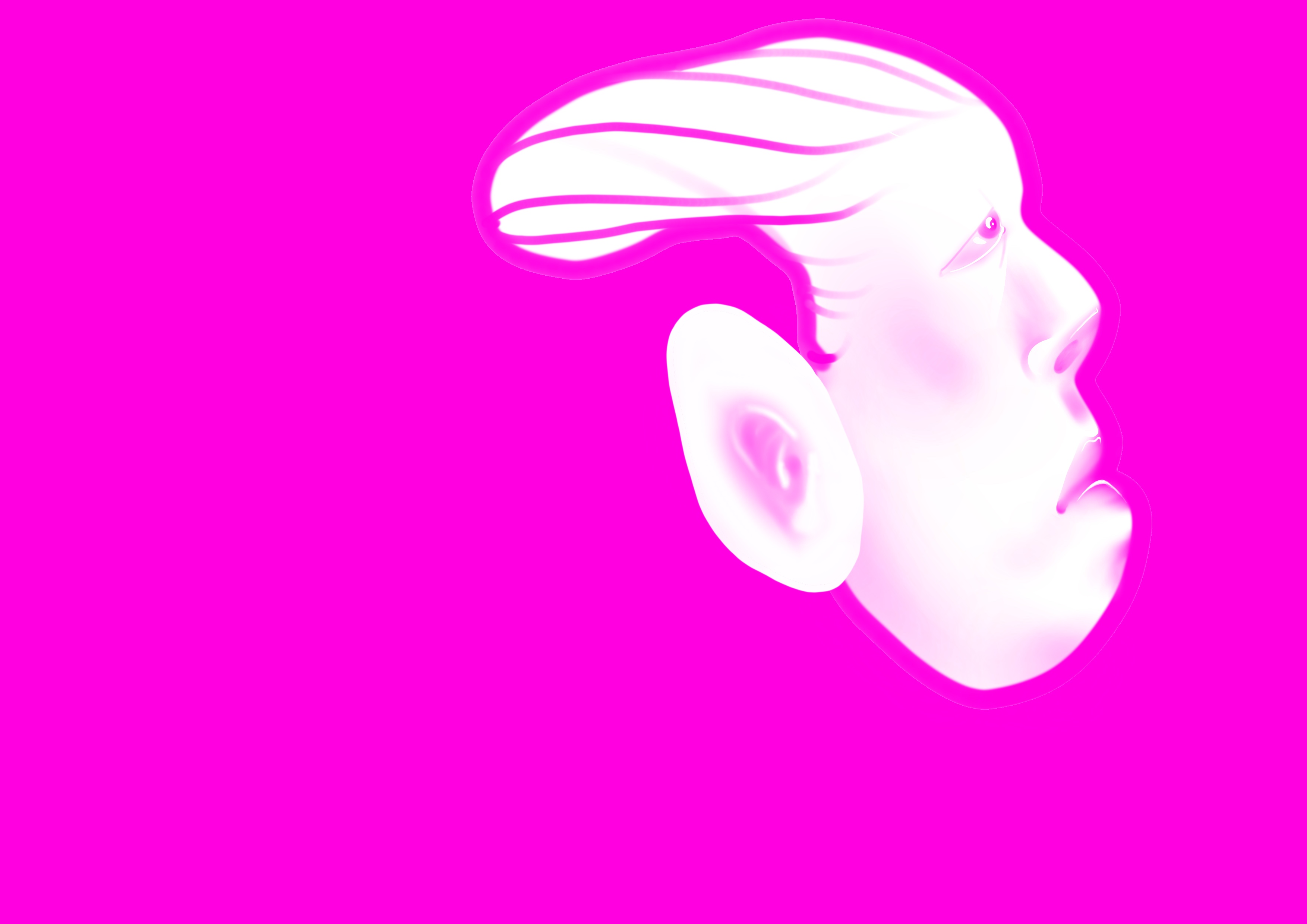Digital artwork: a stylized profile portrait in white against a bright fuchsia background